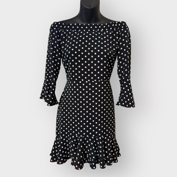 Topshop Black & White Polkadot, Off The Shoulder, Ruffle, Flare Sleeve Dress - Picture 2 of 6